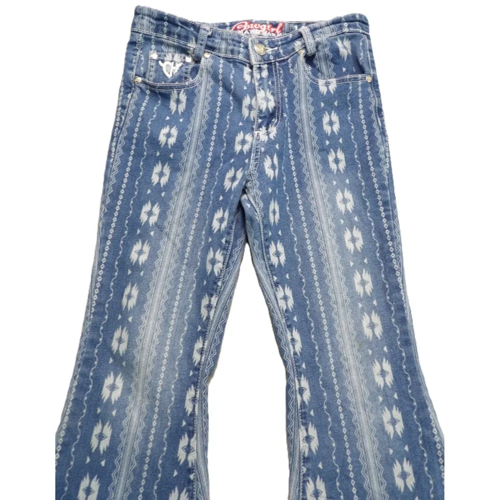Cowgirl Hardware Aztec Flare Jeans Womens W27 Blue Bell Bottom Western Rodeo Y2K